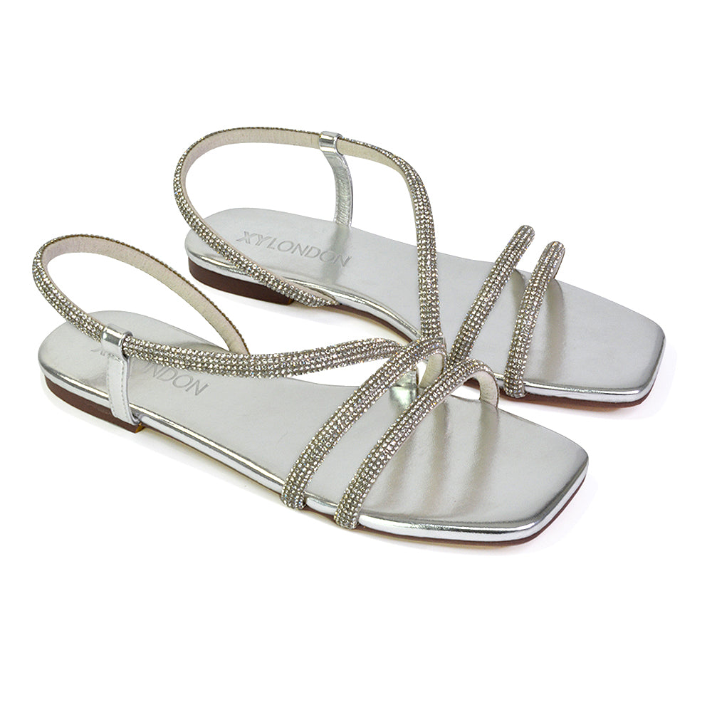 Dove Sparkly Low Heel Square Toe Strappy Diamante Flat Sandals in Silver