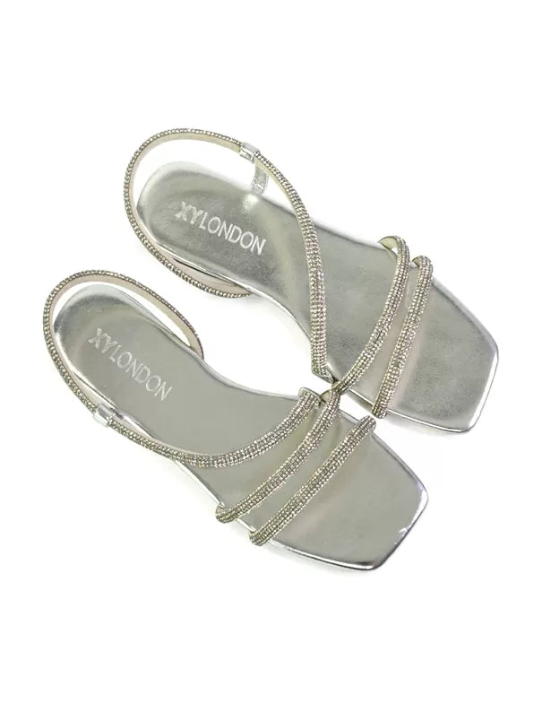 Dove Sparkly Low Heel Square Toe Strappy Diamante Flat Sandals in Gold