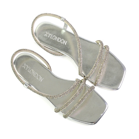 Dove Sparkly Low Heel Square Toe Strappy Diamante Flat Sandals in Silver