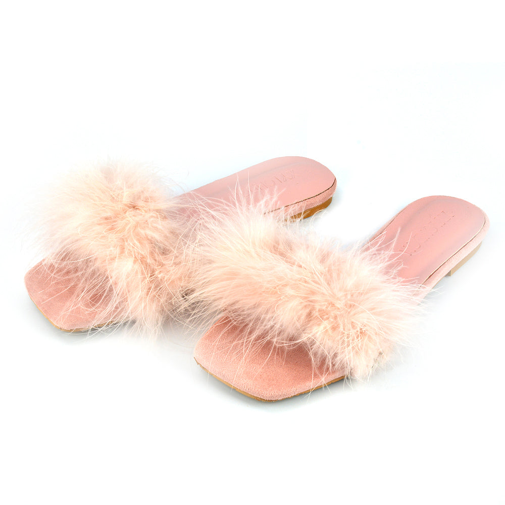 Pink fluffy sandals on sale