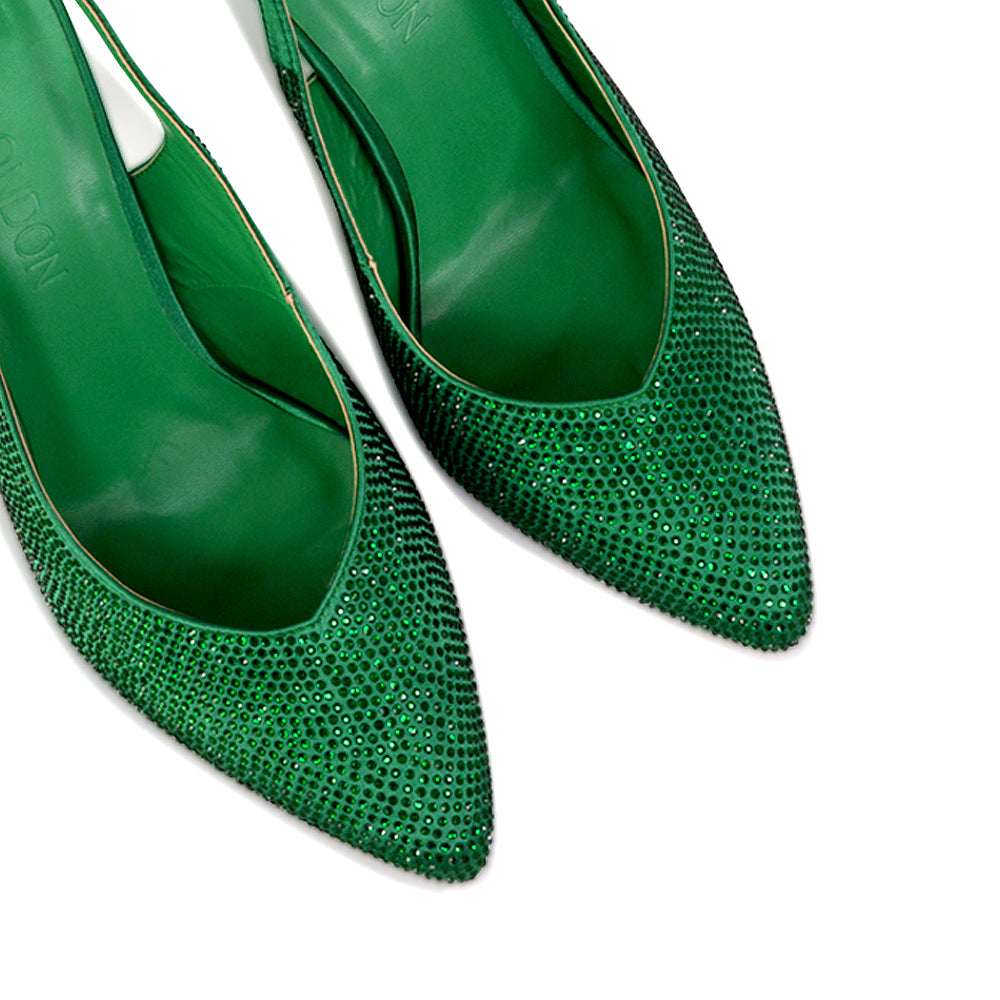 Divine Diamante Pointed Toe Slingback Bridal High Heel Stilettos in Green