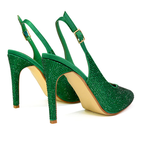 Divine Diamante Pointed Toe Slingback Bridal High Heel Stilettos in Green