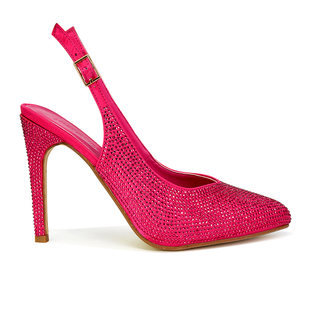 Divine Diamante Pointed Toe Slingback Bridal High Heel Stilettos in Pink
