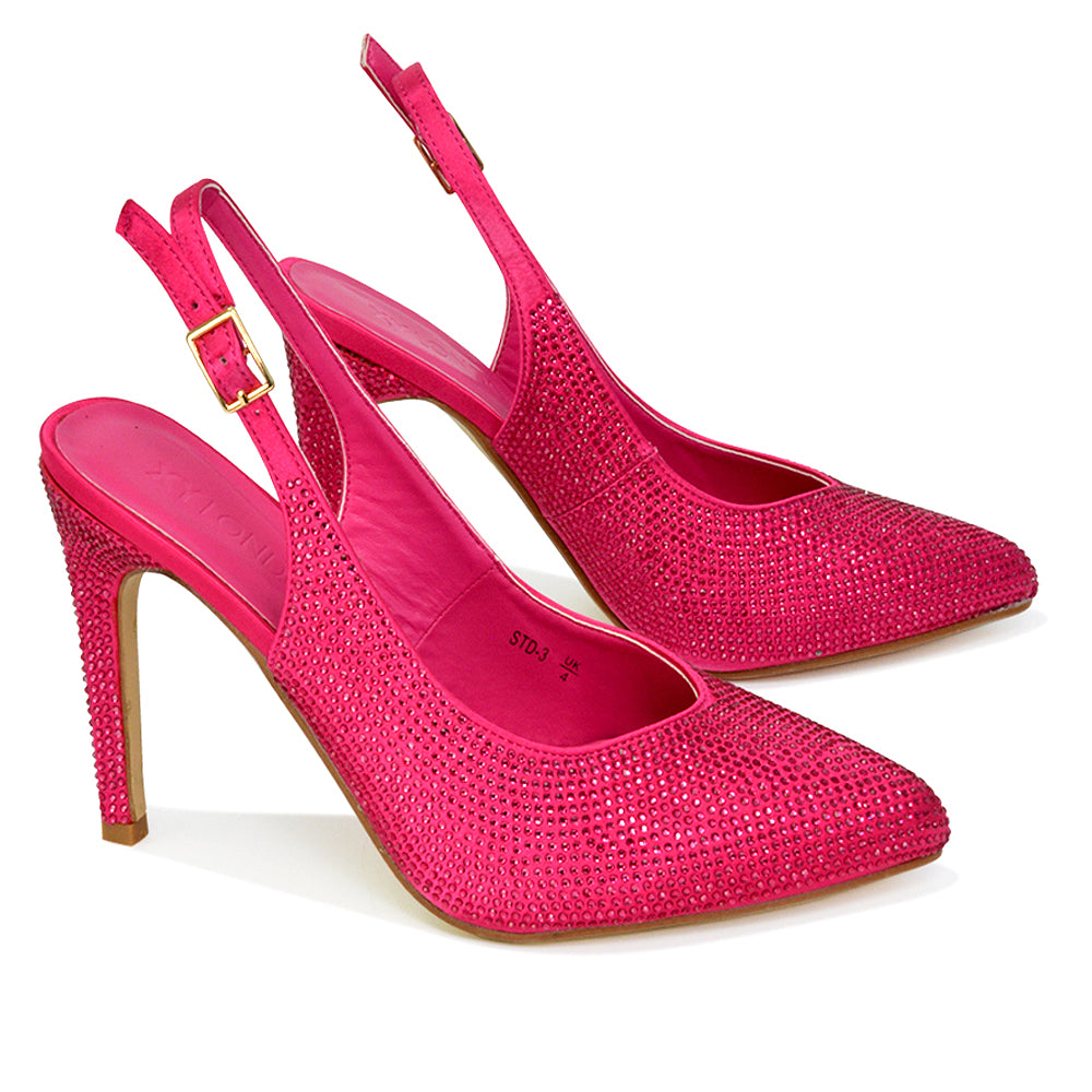 Divine Diamante Pointed Toe Slingback Bridal High Heel Stilettos in Pink