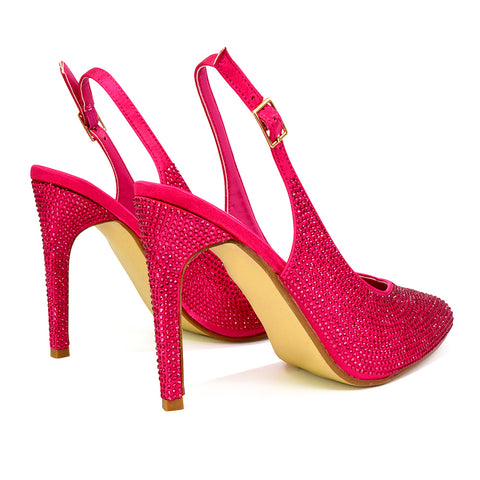 Divine Diamante Pointed Toe Slingback Bridal High Heel Stilettos in Pink