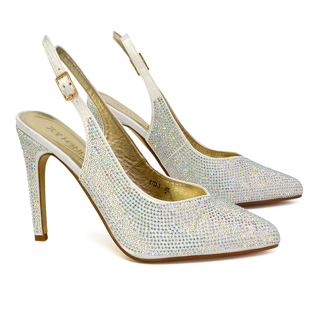 Divine Diamante Pointed Toe Slingback Bridal High Heel Stilettos in White