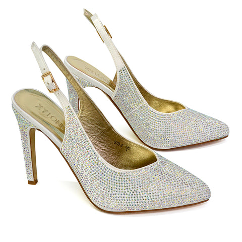 Divine Diamante Pointed Toe Slingback Bridal High Heel Stilettos in Green