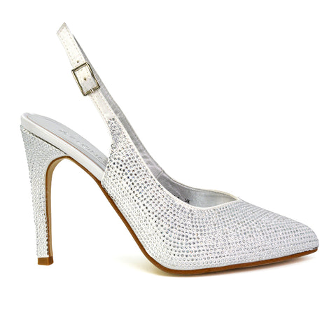 Divine Diamante Pointed Toe Slingback Bridal High Heel Stilettos in Ivory