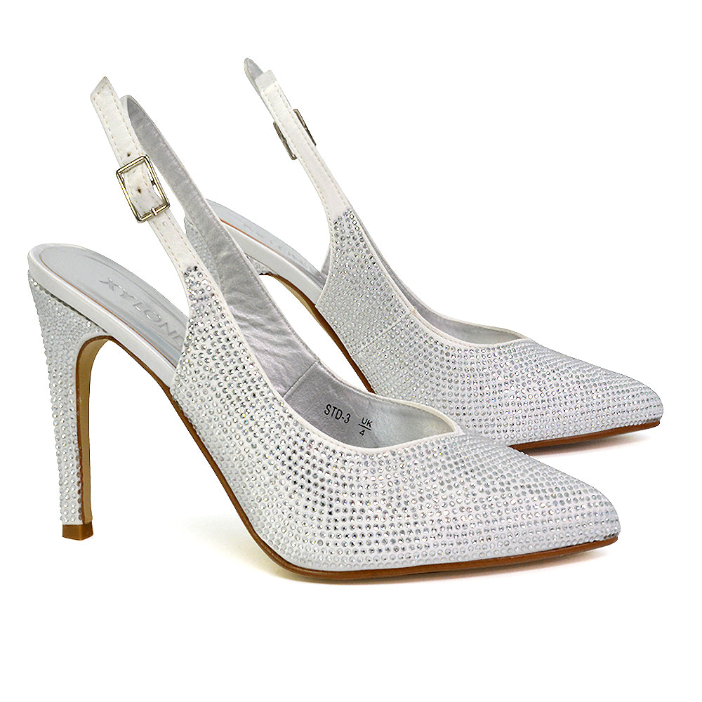 Divine Diamante Pointed Toe Slingback Bridal High Heel Stilettos in White