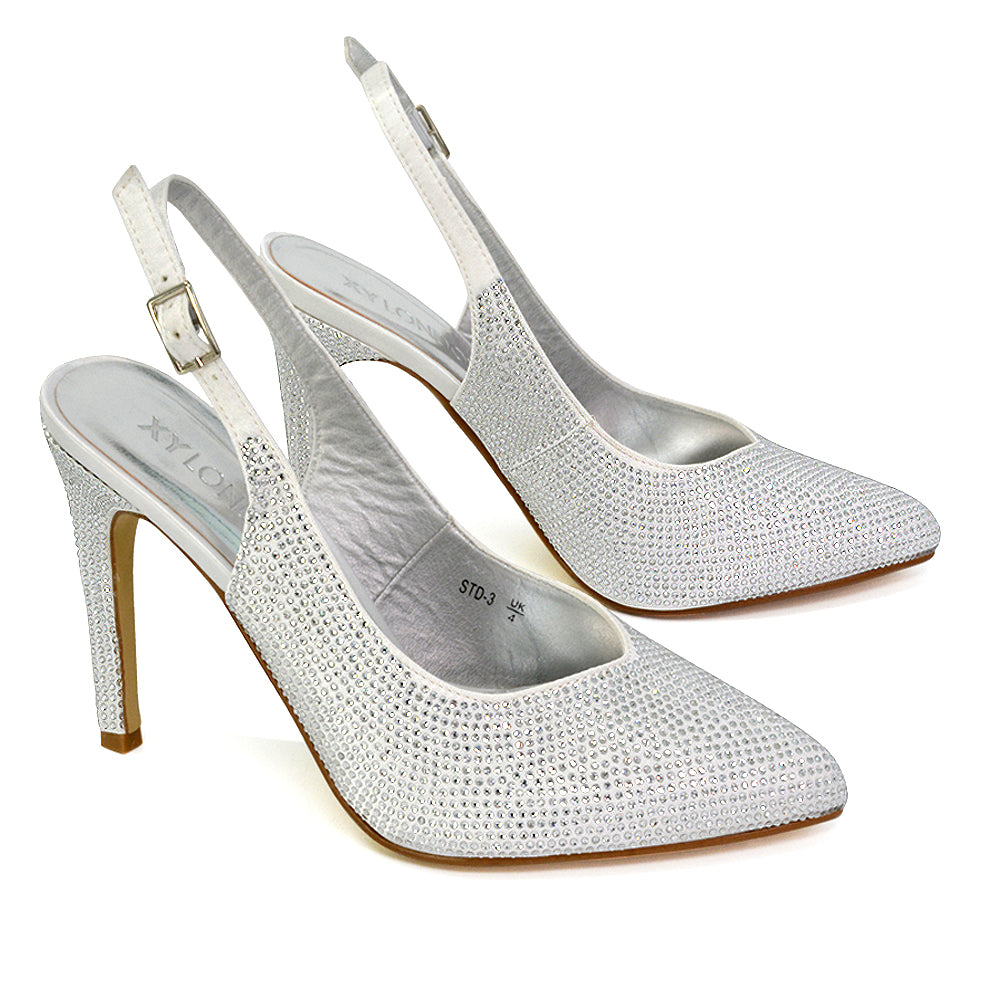 Divine Diamante Pointed Toe Slingback Bridal High Heel Stilettos in Ivory