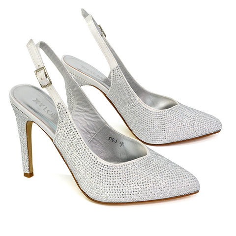 Divine Diamante Pointed Toe Slingback Bridal High Heel Stilettos in Pink