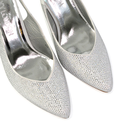 Divine Diamante Pointed Toe Slingback Bridal High Heel Stilettos in Ivory