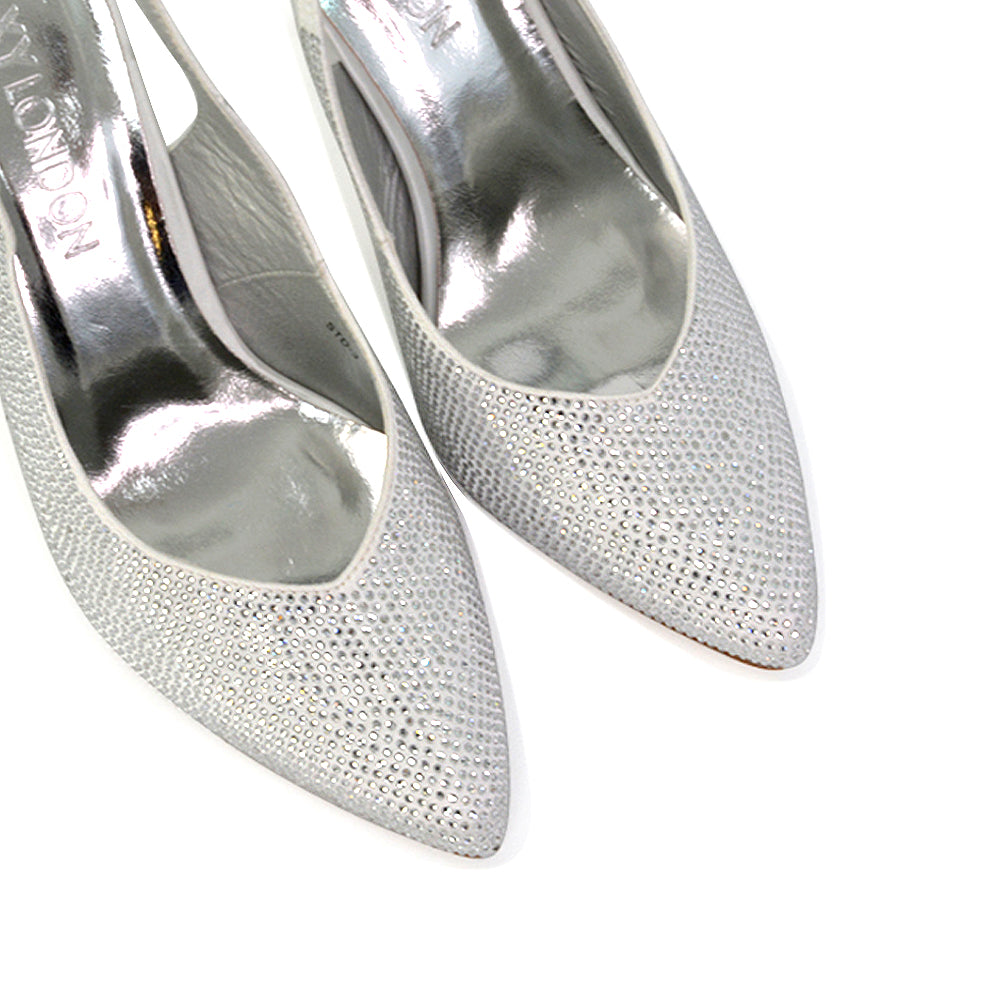 Divine Diamante Pointed Toe Slingback Bridal High Heel Stilettos in White