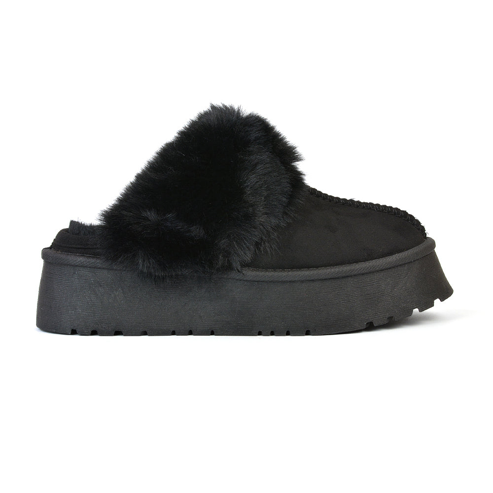 Faith Slip On Faux Fur Slippers with Platform Sole in Grey