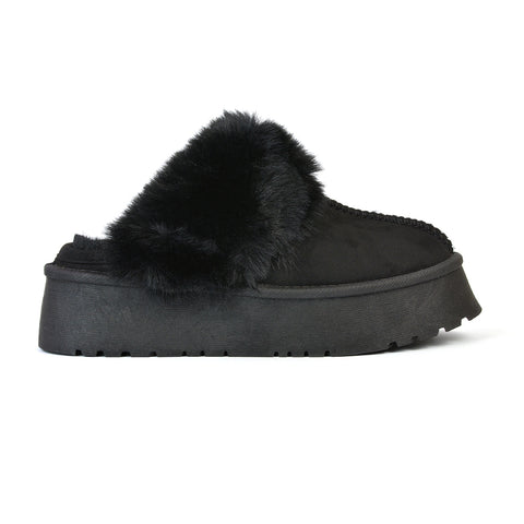 black faux fur slippers