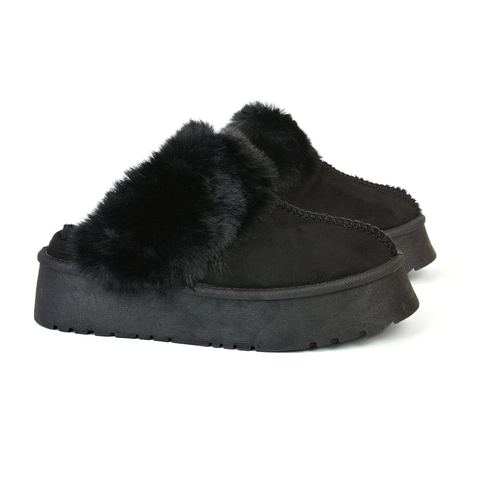 Faith Slip On Faux Fur Slippers with Platform Sole in Black