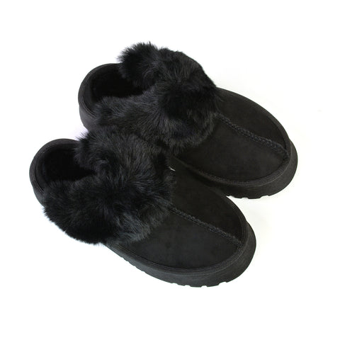 Faith Slip On Faux Fur Slippers with Platform Sole in Black