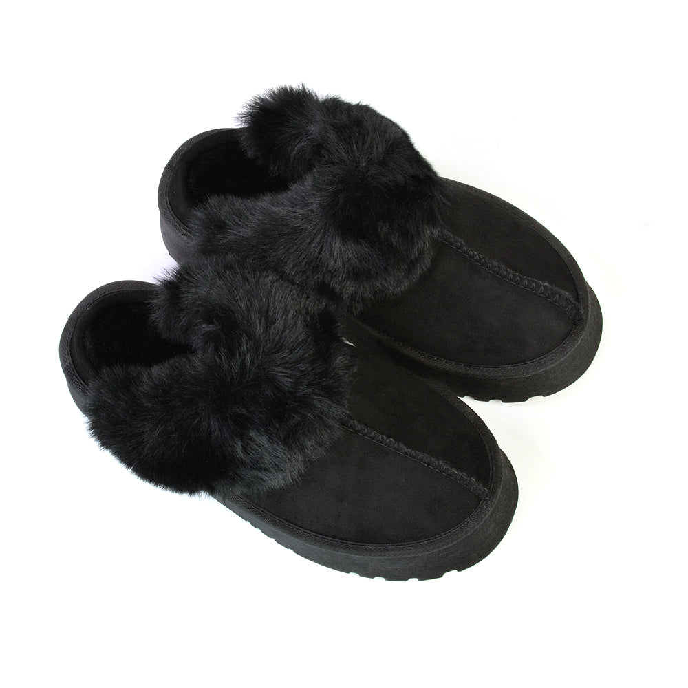 Faith Slip On Faux Fur Slippers with Platform Sole in Grey