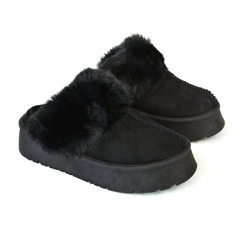 Faith Slip On Faux Fur Slippers with Platform Sole in Beige