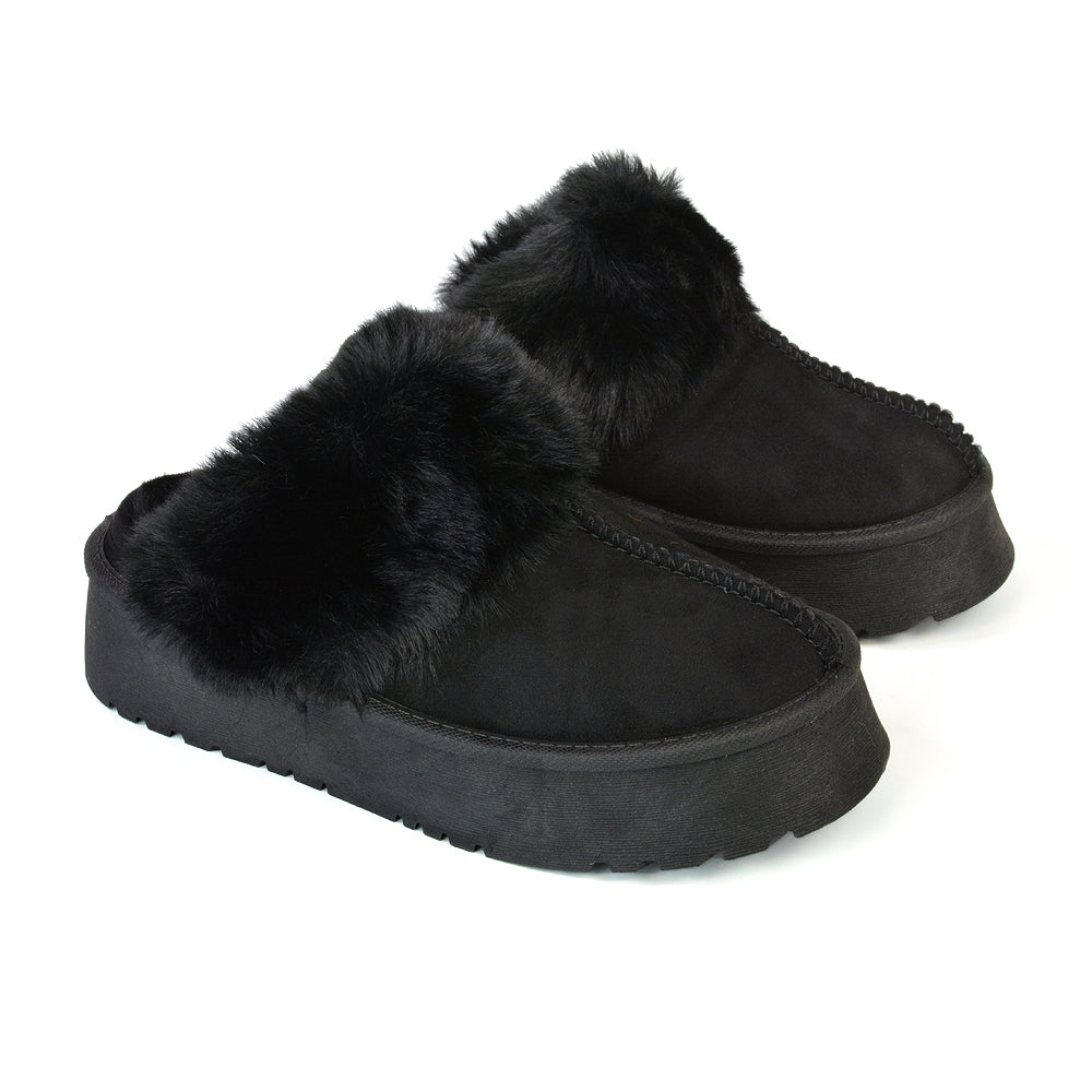 Faith Slip On Faux Fur Slippers with Platform Sole in Grey