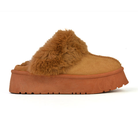 Faith Slip On Faux Fur Slippers with Platform Sole in Beige