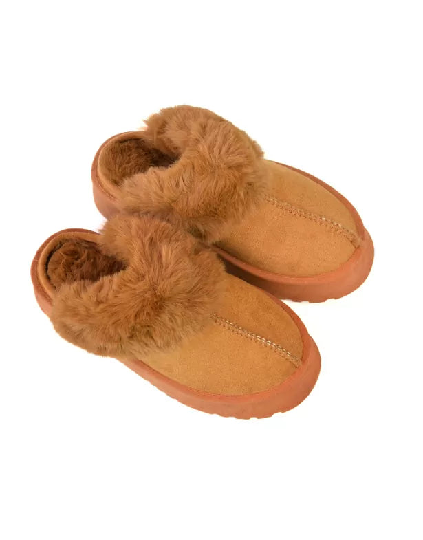 Faith Slip On Faux Fur Slippers with Platform Sole in Beige