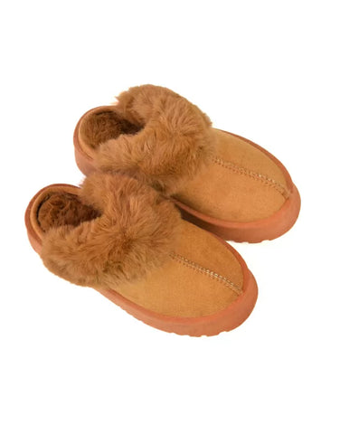 Faith Slip On Faux Fur Slippers with Platform Sole in Camel
