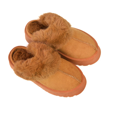 Faith Slip On Faux Fur Slippers with Platform Sole in Beige