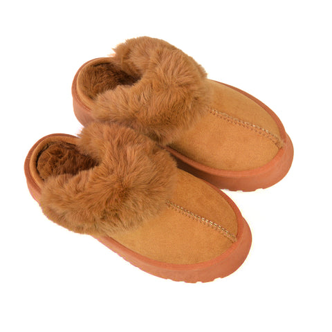 camel faux fur slippers