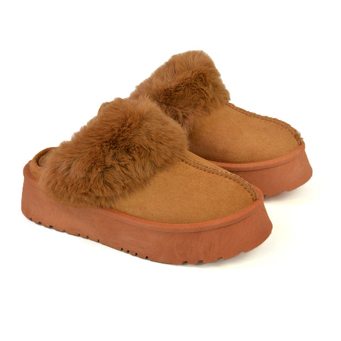 Faith Slip On Faux Fur Slippers with Platform Sole in Beige