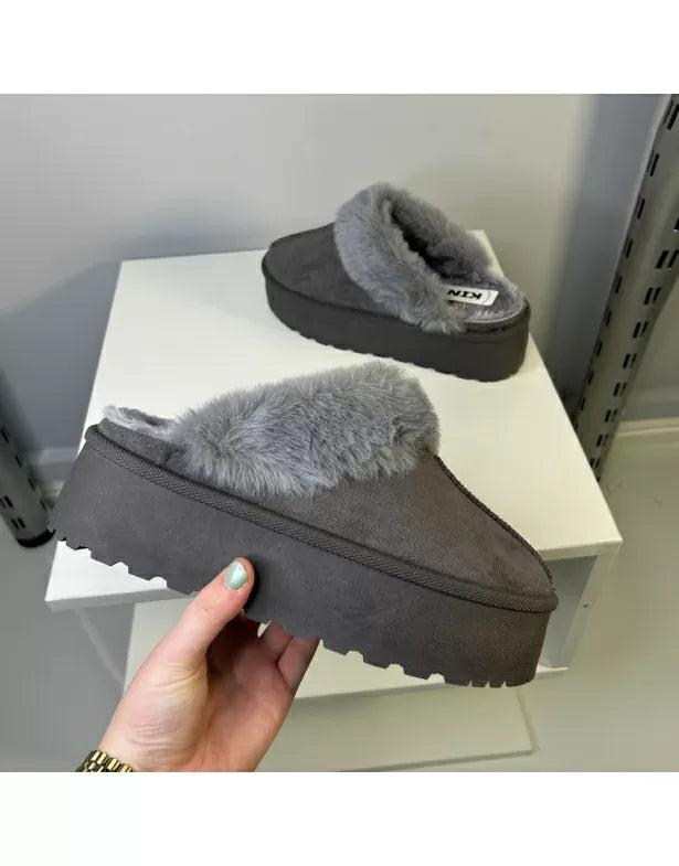 Faith Slip On Faux Fur Slippers with Platform Sole in Black