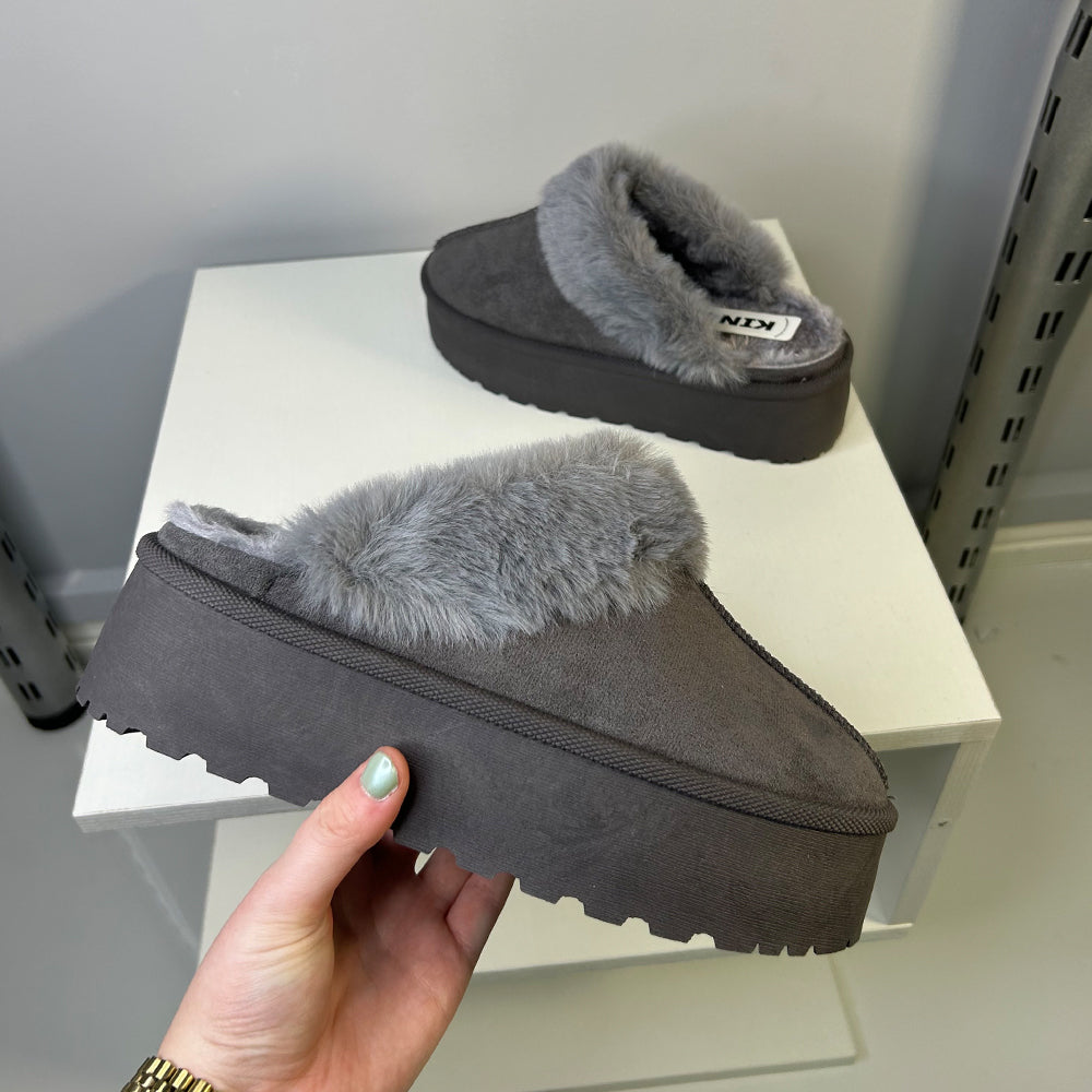 Faith Slip On Faux Fur Slippers with Platform Sole in Black