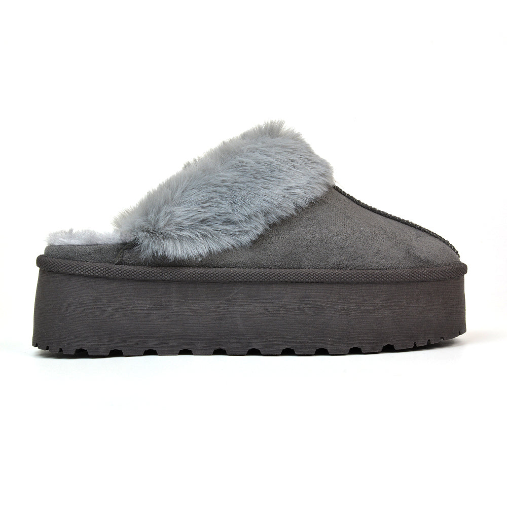 Faith Slip On Faux Fur Slippers with Platform Sole in Black