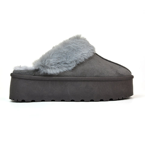 Faith Slip On Faux Fur Slippers with Platform Sole in Grey