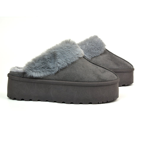 Faith Slip On Faux Fur Slippers with Platform Sole in Grey