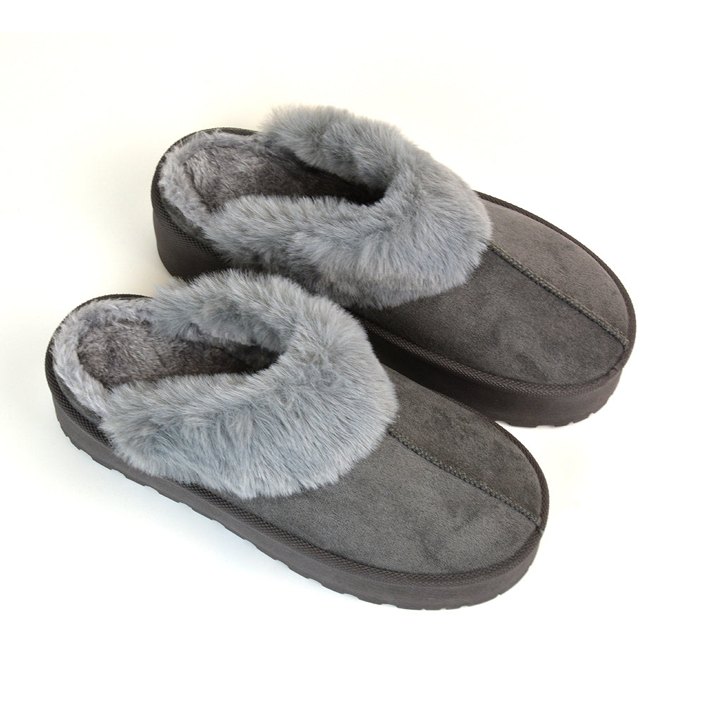 Faith Slip On Faux Fur Slippers with Platform Sole in Grey