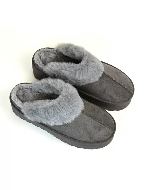 Faith Slip On Faux Fur Slippers with Platform Sole in Beige