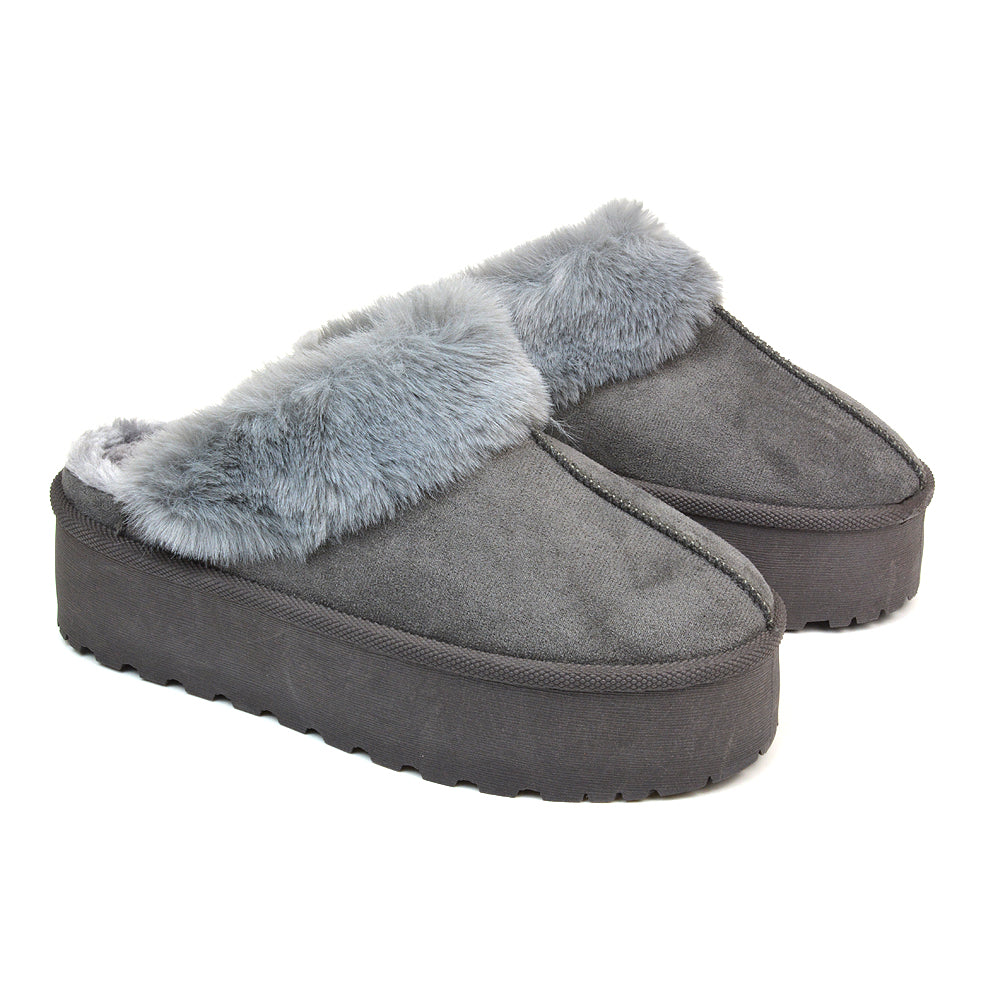 Faith Slip On Faux Fur Slippers with Platform Sole in Beige