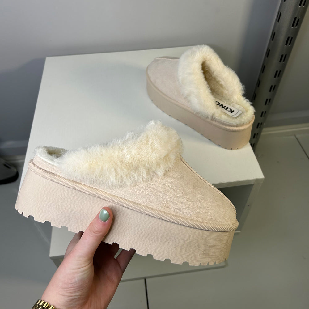 Faith Slip On Faux Fur Slippers with Platform Sole in Beige