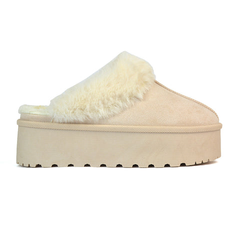 Faith Slip On Faux Fur Slippers with Platform Sole in Beige