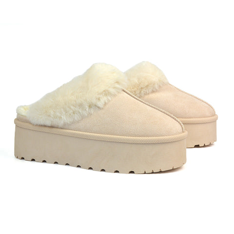 Faith Slip On Faux Fur Slippers with Platform Sole in Beige