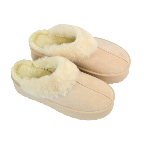 Faith Slip On Faux Fur Slippers with Platform Sole in Grey