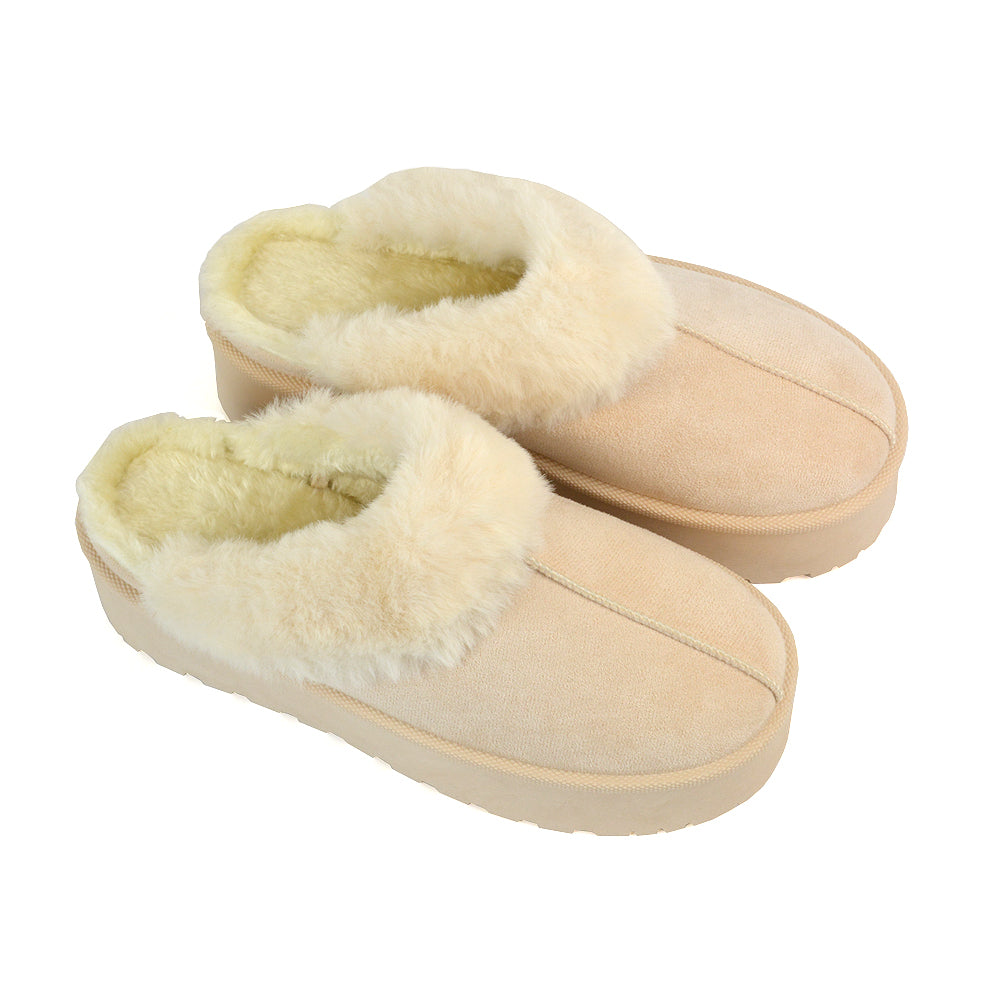 Faith Slip On Faux Fur Slippers with Platform Sole in Grey