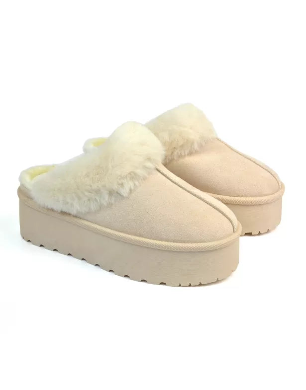 Faith Slip On Faux Fur Slippers with Platform Sole in Black