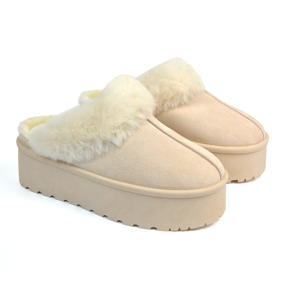 Faith Slip On Faux Fur Slippers with Platform Sole in Black