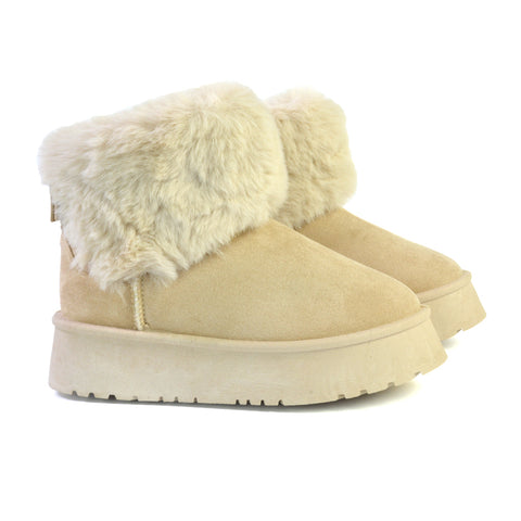 Winnie Platform Faux Fur Ankle Boots with Bow Detailing in Beige