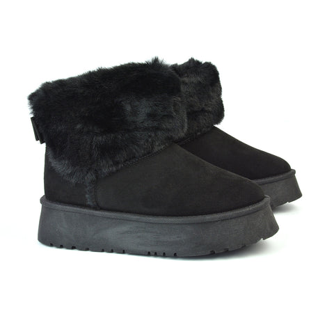 Winnie Platform Faux Fur Ankle Boots with Bow Detailing in Black