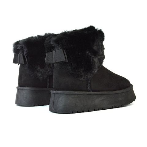 Winnie Platform Faux Fur Ankle Boots with Bow Detailing in Black