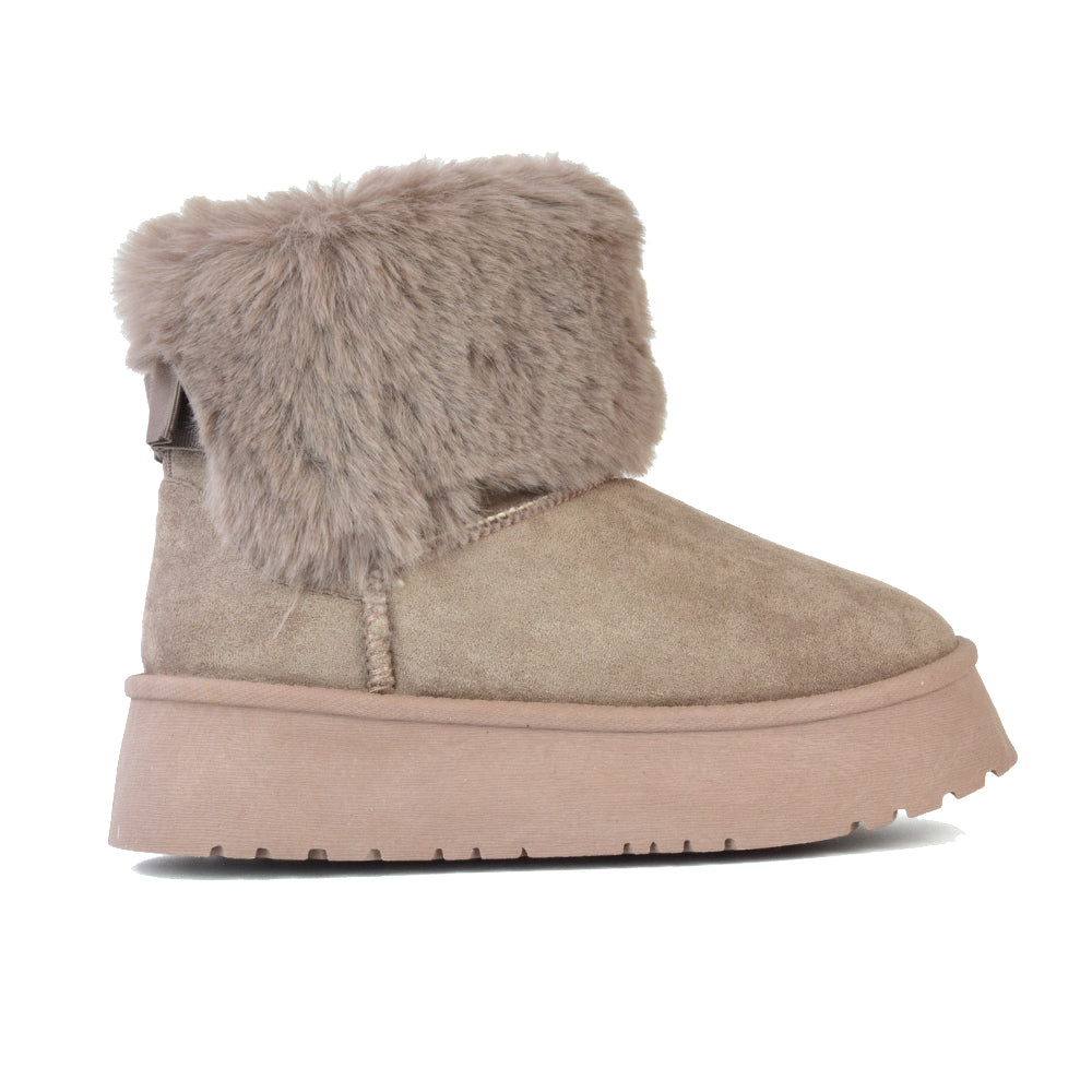 Winnie Platform Faux Fur Ankle Boots with Bow Detailing in Beige