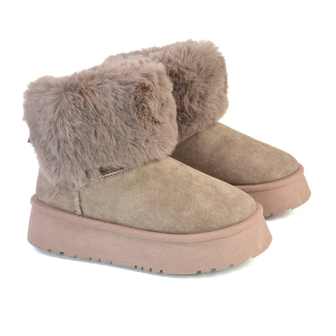 Winnie Platform Faux Fur Ankle Boots with Bow Detailing in Beige